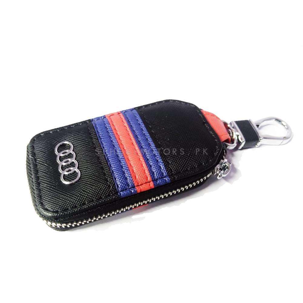 Audi Zipper Jeans Key Cover Pouch Black With Red Blue Strip Keychain - Ring