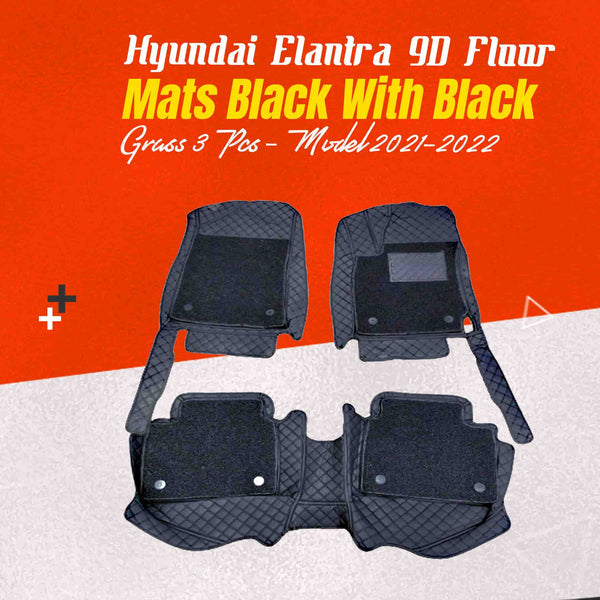 Hyundai Elantra 9D Floor Mats 3 Pcs 2021 - 2026 - Mix Thread Black With Black Grass