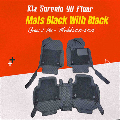 Kia Sorento 9D Floor Mats Mix Thread 3 Pcs 2021 - 2024 - - Black With Black Grass