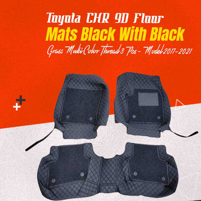 Toyota CHR 9D Floor Mats Mix Thread  3 Pcs 2016 - 2020 - Black With Black Grass
