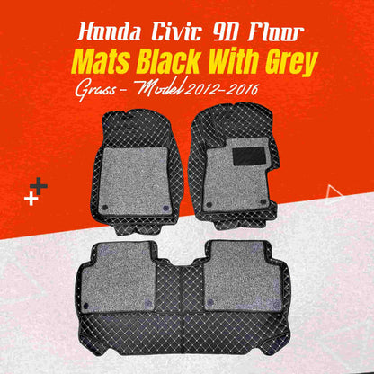 Honda Civic 9D Floor Mats Mix Thread 2012 - 2015 - Black With Grey Grass