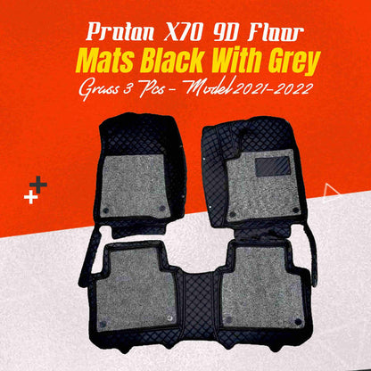 Proton X70 9D Floor Mats Mix Thread Grass 3 Pcs 2020 - 2025 - Black With Grey