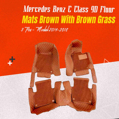 Mercedes Benz C Class 9D Floor Mats Mix Thread  Grass 3 Pcs 2015 - 2021 - Brown With Brown