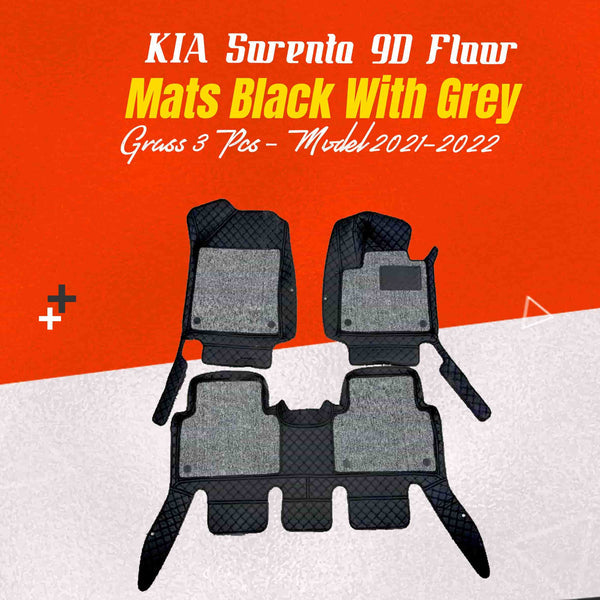 KIA Sorento 9D Floor Mats Mix Thread Grass 3 Pcs 2021 - 2024 - Black With Grey