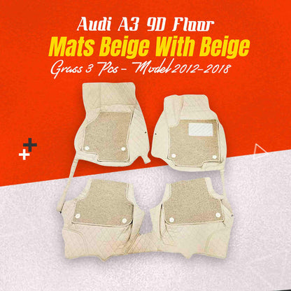 Audi A3 9D Floor Mats Mix Thread 3 Pcs 2014 - 2021 - Beige With Beige Grass