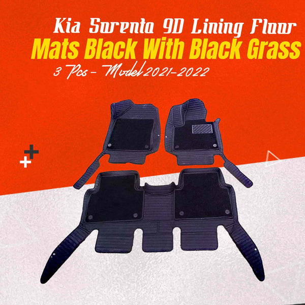 Kia Sorento 9D Lining Floor Mats Mix Thread Grass 3 Pcs 2021 - 2024 - Black With Black