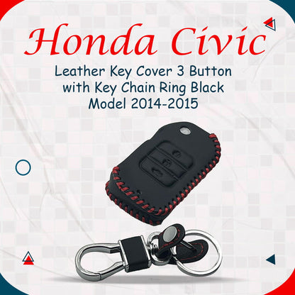 Honda Civic Leather Key Cover 3 Button with Key Chain Ring Black 2012 - 2015