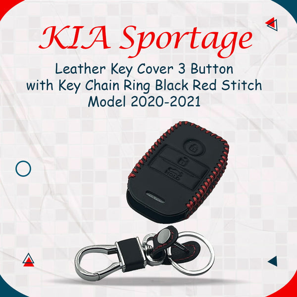 KIA Sportage Leather Key Cover 3 Button with Keychain 2019 - 2024 - - Ring Black Red Stitch