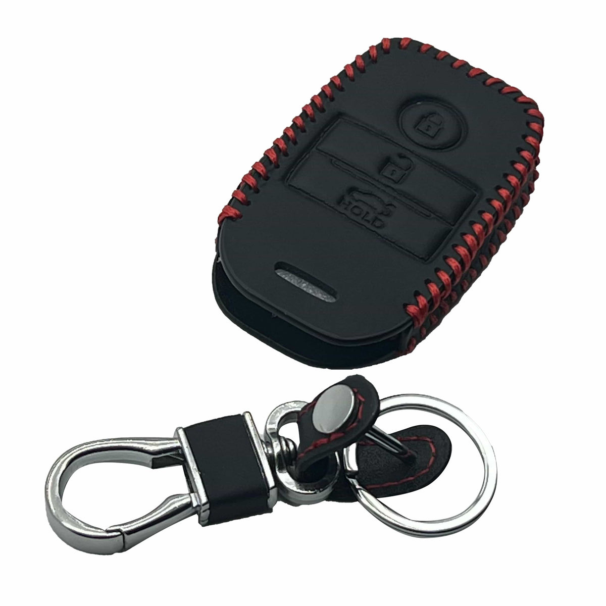 KIA Sportage Leather Key Cover 3 Button with Keychain 2019 - 2024 - - Ring Black Red Stitch
