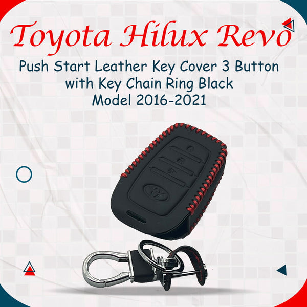 Toyota Hilux Revo/Rocco Push Start Leather Key Cover with Keychain 2021 - 2026 - Ring Black - 3 Button