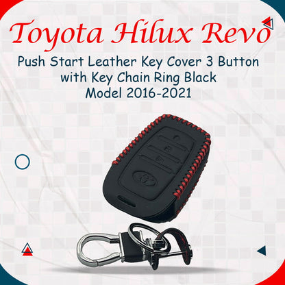 Toyota Hilux Revo/Rocco Push Start Leather Key Cover with Keychain 2021 - 2026 - Ring Black - 3 Button