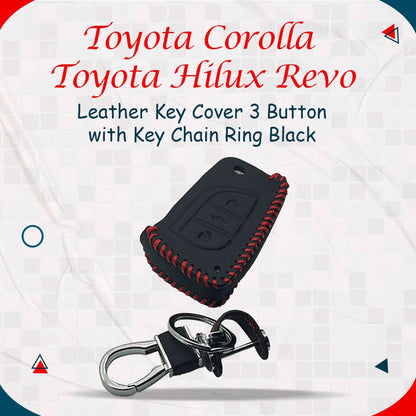 Toyota Corolla / Toyota Hilux Revo/Rocco Leather Key Cover 3 Button with Key Chain Ring Black 2018 - 2020