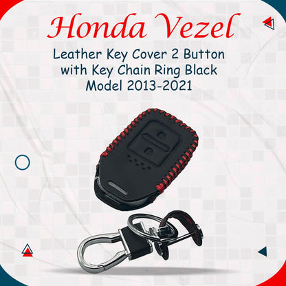 Honda Vezel Leather Key Cover 2 Button with Key Chain Ring Black 2014 - 2020