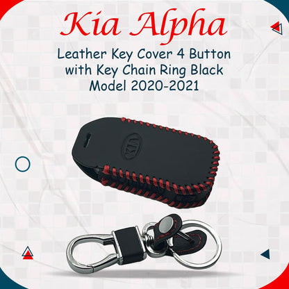 Kia Alpha Leather Key Cover 4 Buttons 2020 - 2024 - With Key Chain Ring Black