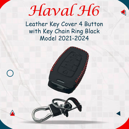 Haval H6 / Jolion  Leather Key Cover 4 Buttons with Keychain 2021 - 2024 - - Ring Black