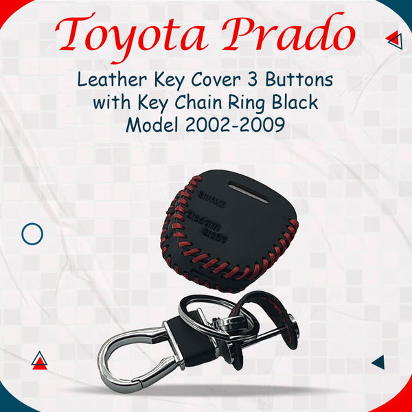 Toyota Prado Leather Key Cover 3 Buttons with Key Chain 2002 - 2008 - - Ring Black
