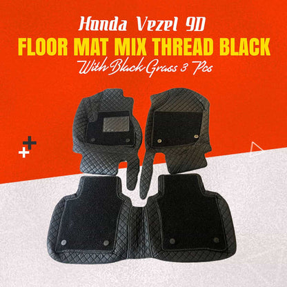 Honda Vezel 9D  Floor Mats Mix Thread  3 Pcs 2014 - 2020 - Black With Black Grass