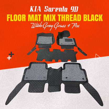 KIA Sorento 9D Floor Mats Black With Grey Grass 4 Pcs 2021 - 2024 - Mix Thread