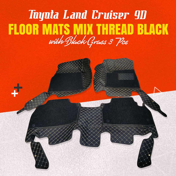 Toyota Land Cruiser 9D Floor Mats Mix Thread Grass 3 Pcs 2007 - 2021 - Black with Black