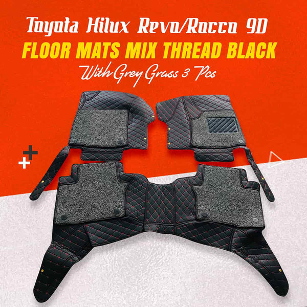 Toyota Hilux Revo/Rocco 9D Floor Mats Mix Thread  3 Pcs 2016 - 2026 - Black With Grey Grass