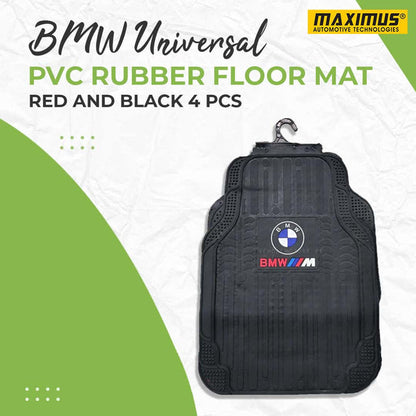 BMW Universal PVC Rubber Floor Mat Red and Black Mix Design 5 Pcs - Foot Mat For Car