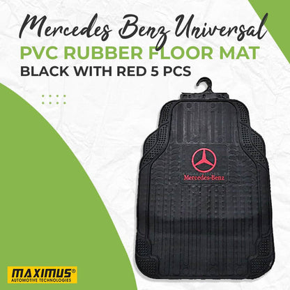 Mercedes Benz Universal PVC Rubber Floor Mat  5 Pcs - Black With Red Mix Design - Foot Mat For Car