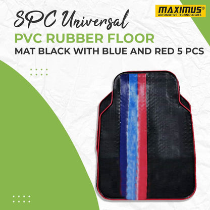 SPC Universal PVC Rubber Floor Mat Black With Blue And Red Mix Design - 5 Pcs - Foot Mat For Car
