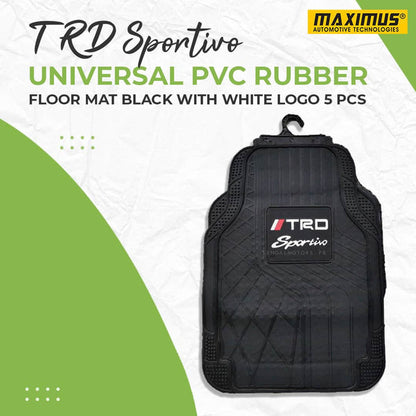 TRD Sportivo Universal PVC Rubber Floor Mat Black With White Logo - Mix Design 5 Pcs - Foot Mat For Car