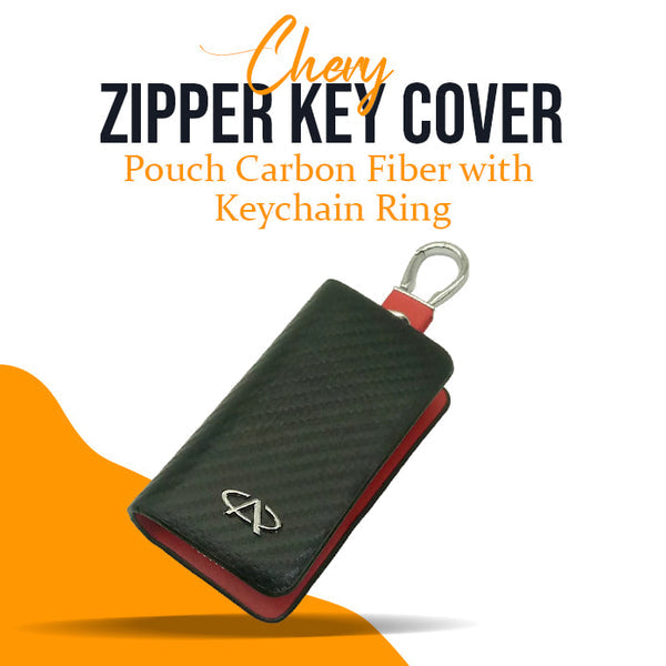 Chery Zipper Key Cover Pouch Carbon Fiber with Keychain Ring