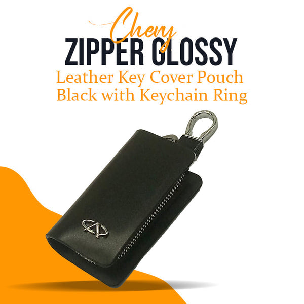 Chery Zipper Glossy Leather Key Cover Pouch Black with Keychain Ring