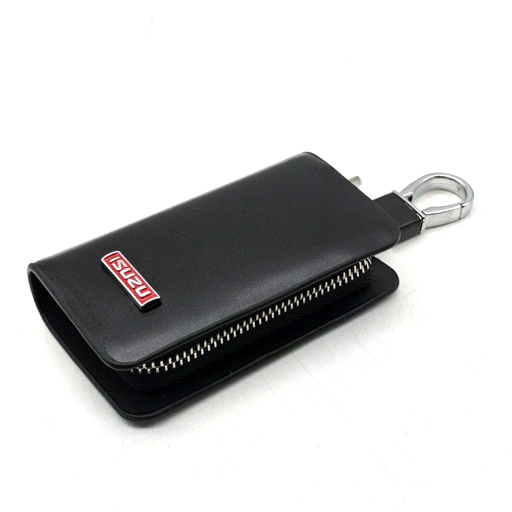 Isuzu Zipper Glossy Leather Key Cover Pouch Black with Keychain Ring