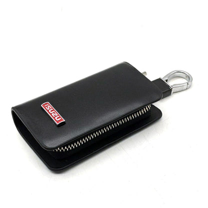 Isuzu Zipper Glossy Leather Key Cover Pouch Black with Keychain Ring