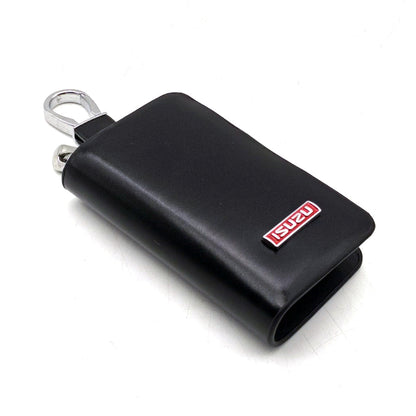 Isuzu Zipper Glossy Leather Key Cover Pouch Black with Keychain Ring