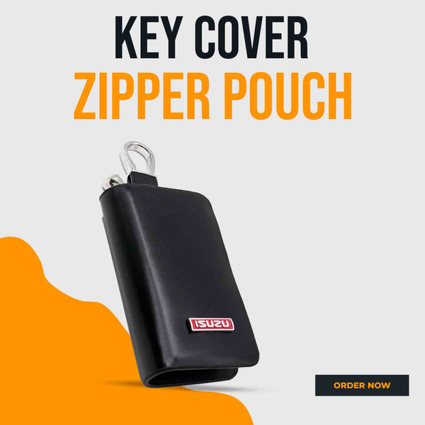Isuzu Zipper Glossy Leather Key Cover Pouch Black with Keychain Ring