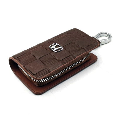 Honda Embossed Zipper Glossy Leather Key Cover Pouch Brown with Keychain Ring