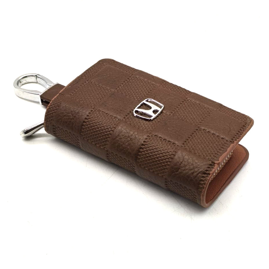 Honda Embossed Zipper Glossy Leather Key Cover Pouch Brown with Keychain Ring
