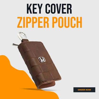 Honda Embossed Zipper Glossy Leather Key Cover Pouch Brown with Keychain Ring