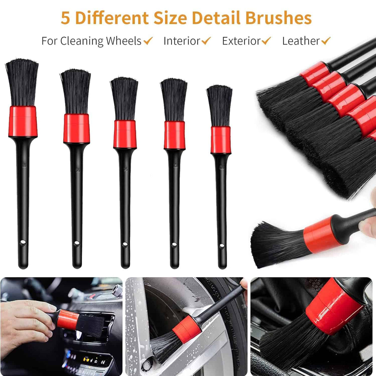 AutoBright Car Detailing Brush - 5PCS/Set - Detail Brush Car Wash Wheels Plastic Round Tool Cleaning Accessories Auto Multifunctional Trim