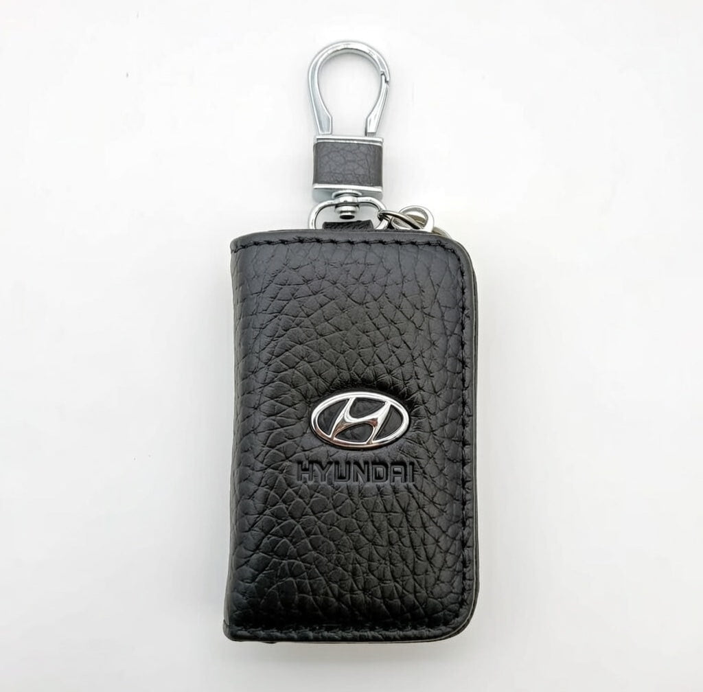 Hyundai Zipper Leather Key Cover Pouch Black with Keychain Ring