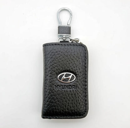 Hyundai Zipper Leather Key Cover Pouch Black with Keychain Ring