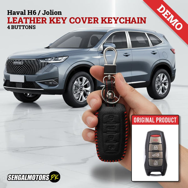 Haval H6 / Jolion  Leather Key Cover 4 Buttons with Keychain 2021 - 2024 - - Ring Black