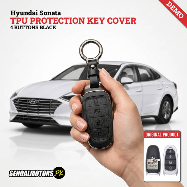 Hyundai Sonata TPU Protection Key Cover 4 Buttons Black 2021 - 2024 - With Keychain Leather Texture