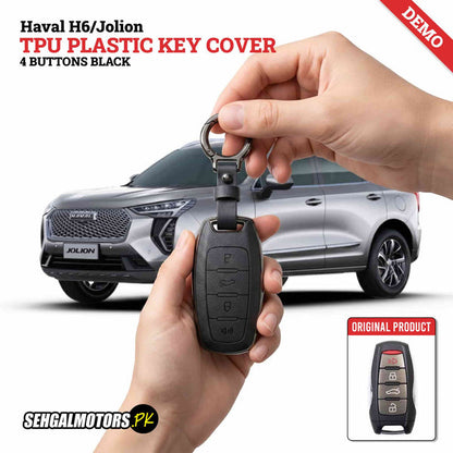 Haval H6 Jolion TPU Plastic Key Cover 4 Buttons Black 2021 - 2024 - With Keychain Leather Texture
