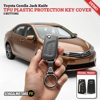 Toyota Corolla Jack Knife TPU Plastic Protection Key Cover 3 Buttons 2014 - 2020 - Leather Texture with Key Chain
