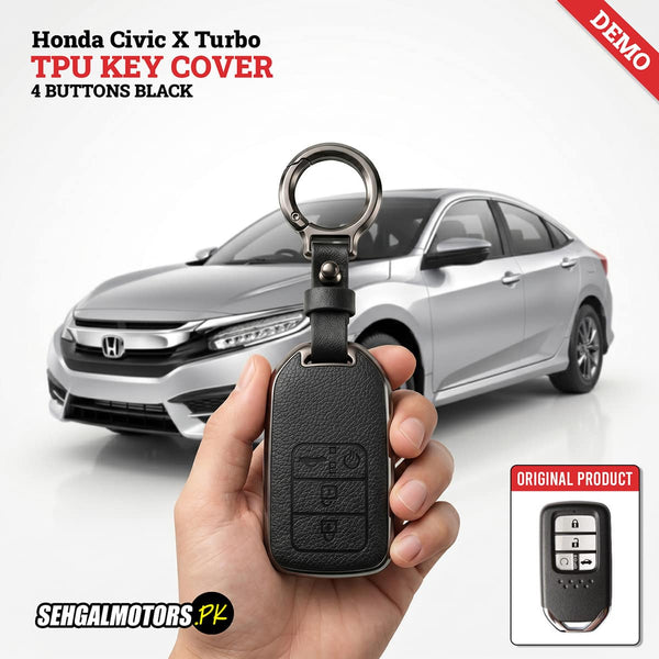 Honda Civic X Turbo TPU Key Cover 4 Buttons Black 2016 - 2021 - With Keychain Leather Texture