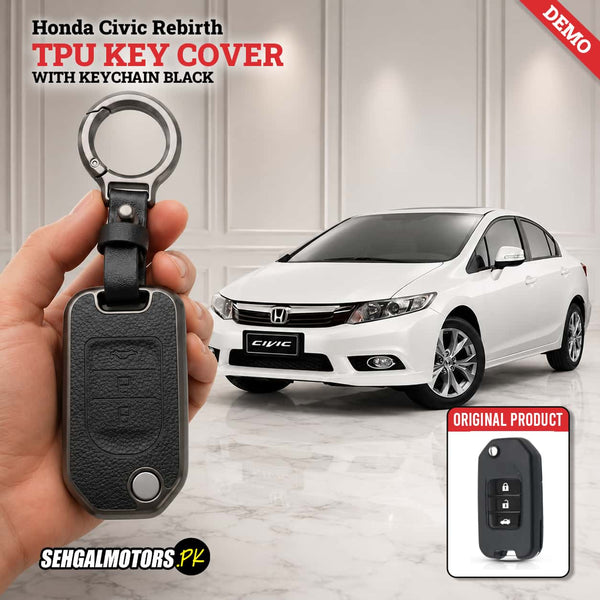 Honda Civic Rebirth TPU Protection Key Cover with Keychain 2012 - 2015 - Leather Texture 3 Buttons Black