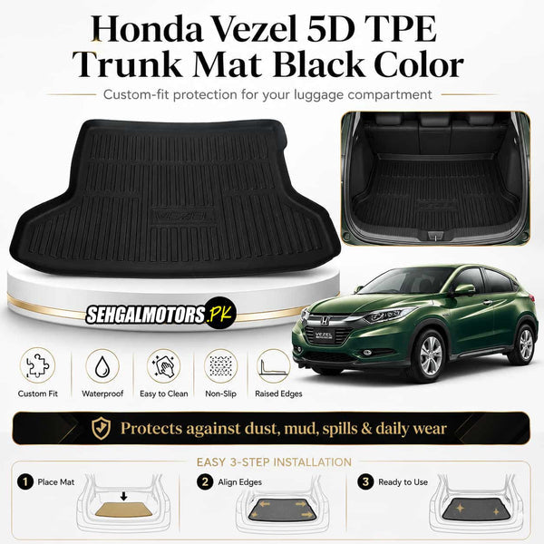 Honda Vezel 5D TPE Trunk Mat Black Color 2014 - 2020 - Cargo Boot Liner Diggi Protection Tray Cover