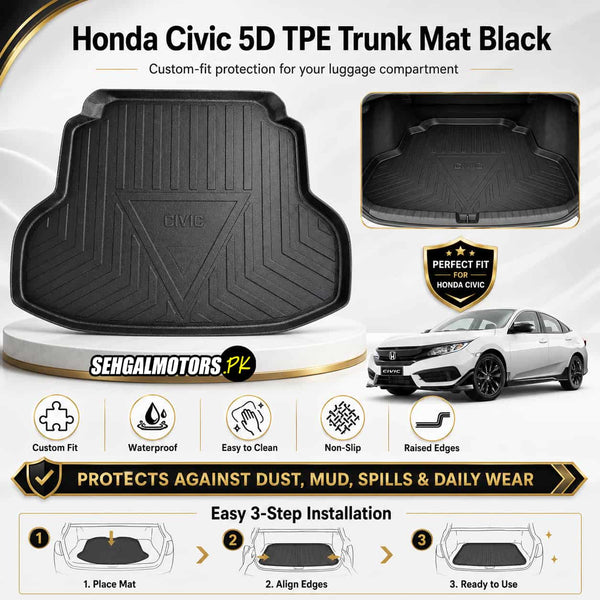 Honda Civic 5D TPE Trunk Mat Black 2016 - 2021 - Cargo Boot Liner Diggi Protection Tray Cover