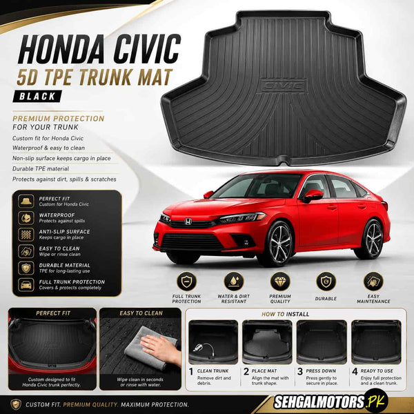 Honda Civic 5D TPE Trunk Mat Black 2022 - 2026 - Cargo Boot Liner Diggi Protection Tray Cover