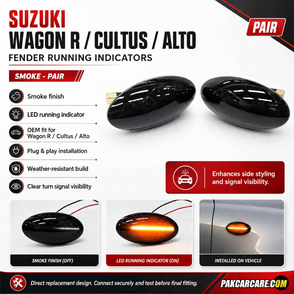 A pair of black smoke-finish fender running indicators for Suzuki Wagon R, Cultus, and Alto, shown on a white infographic background with feature callouts, before/after illumination views, and installation examples.